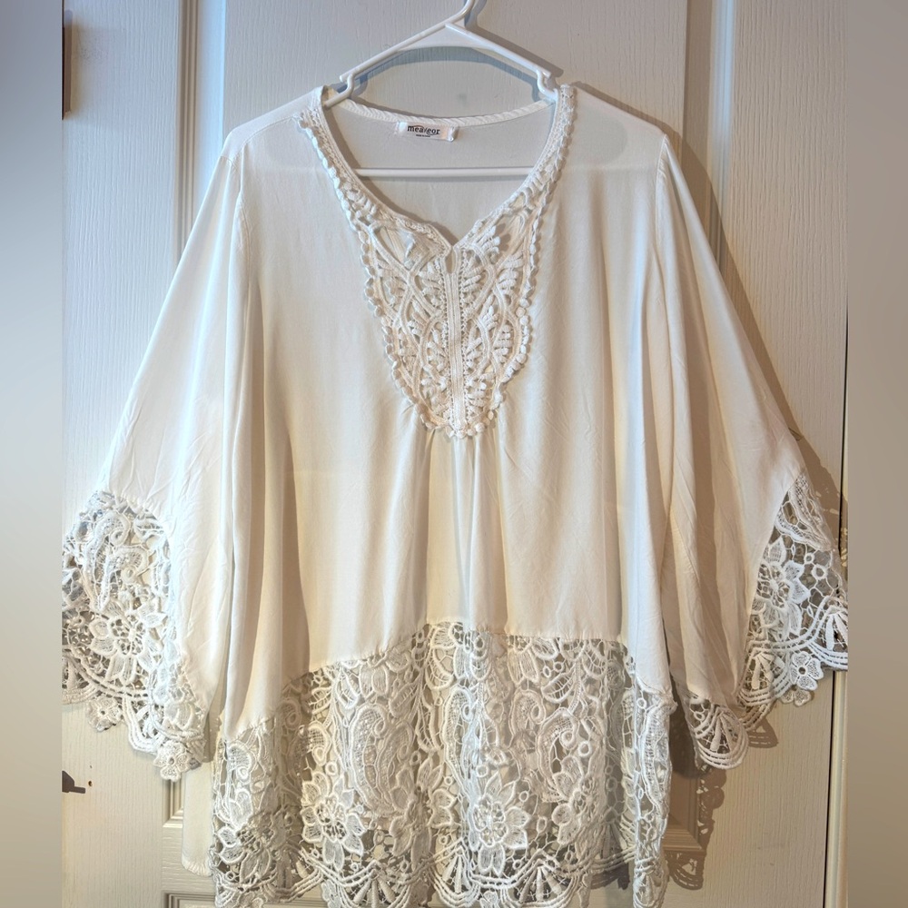 Meaveor  Size XL Blouse White Dressy Flare Bell Sleeves Peasant Cotton Blend EUC